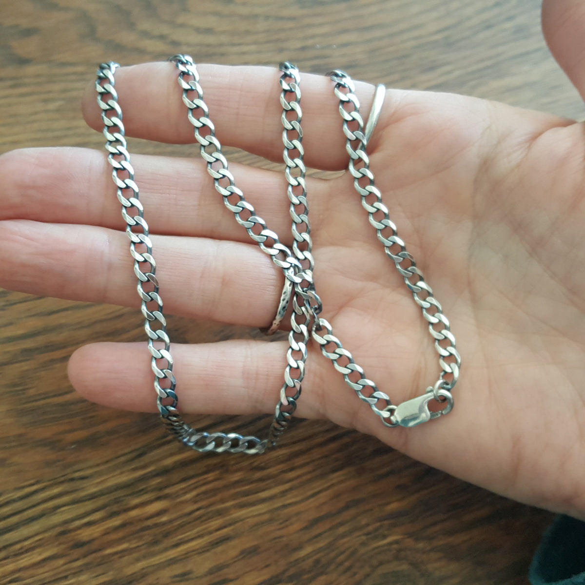 Bronze Tag & Oxidized Sterling Silver Mens Curb Chain Necklace 