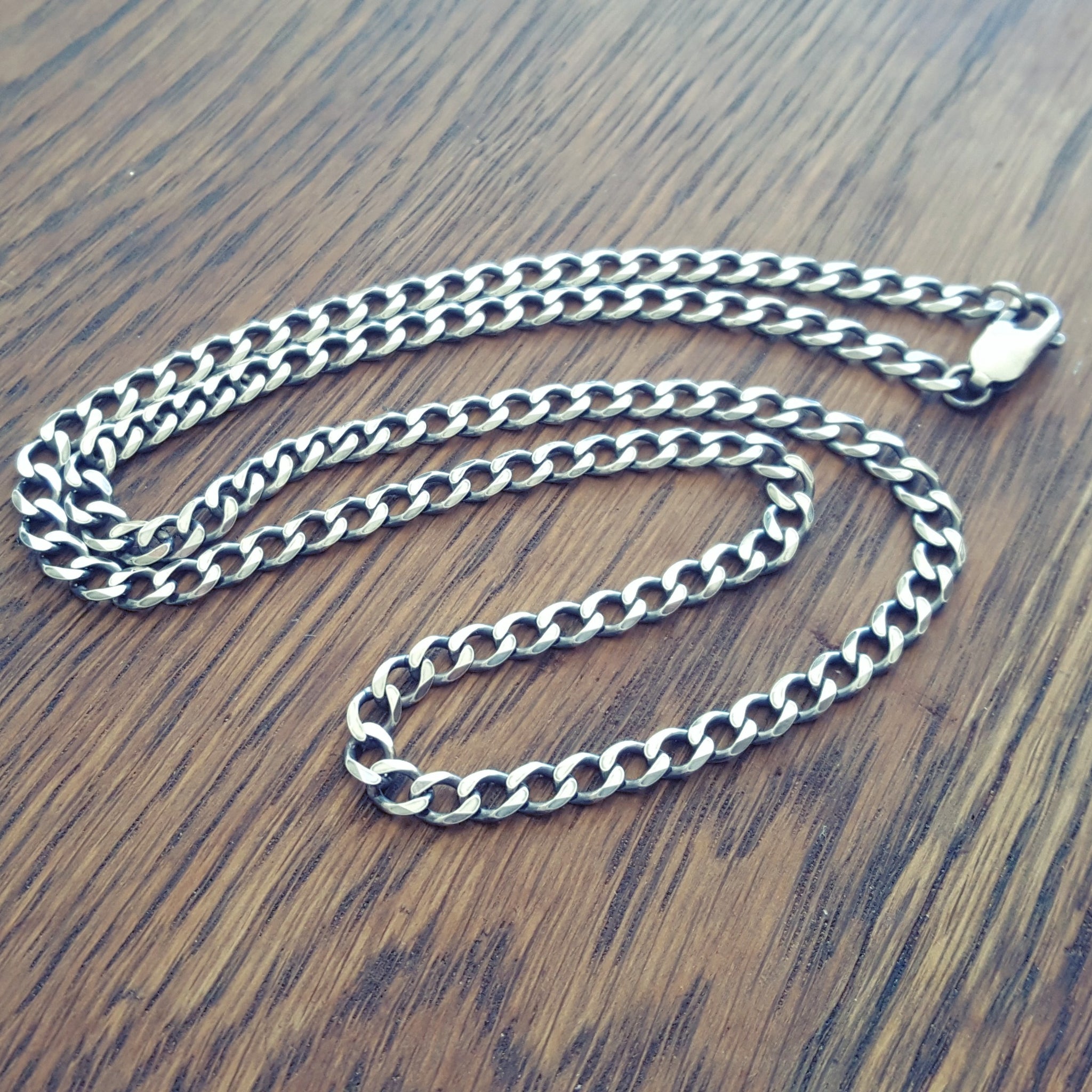 Bronze Tag & Oxidized Sterling Silver Mens Curb Chain Necklace 