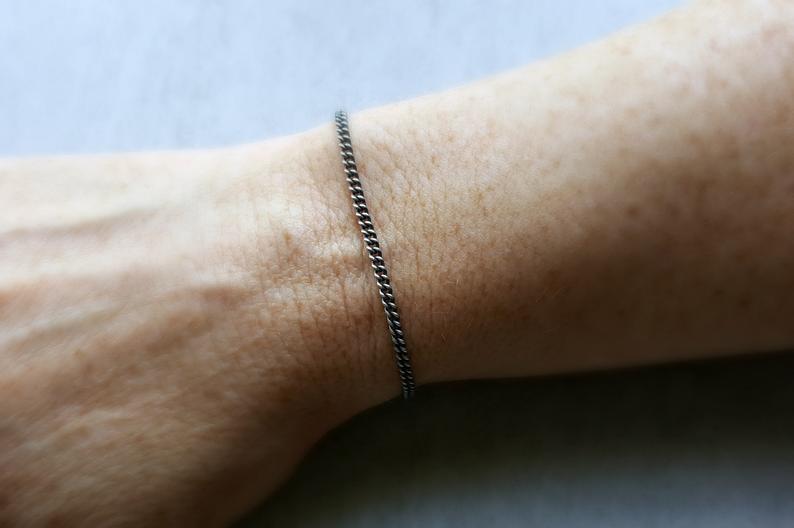 Thin Silver Bracelet, Antiqued Unisex Curb Style, 2.3mm